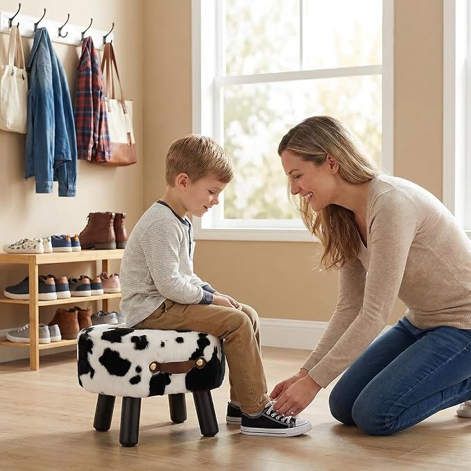 Foot Stools Small, Cow Ottomon with Handle, Velvet Footrest | Curved Foot Stool with Padded Seat Wooden Legs, Portable Foot Rest for Living Room, Bedroom, Entryway (Cow)