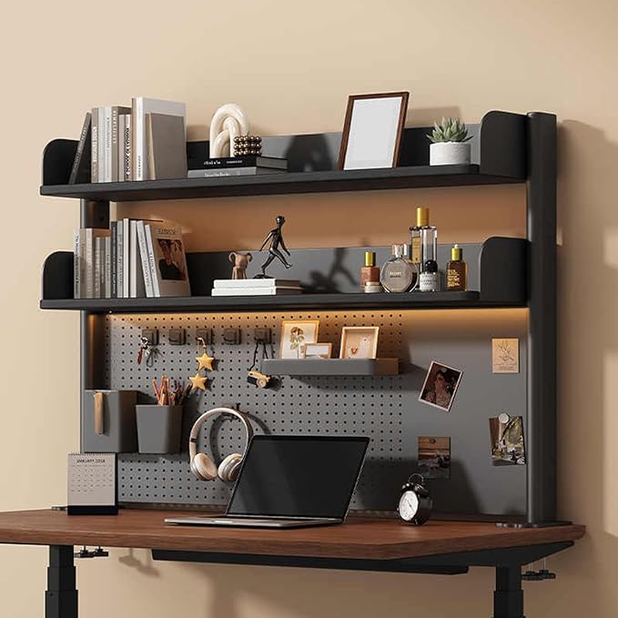 Clamp on Desk Shelf with Pegboard, Black Desktop Bookshelf Organizer Storage Shelves for Home Office Dorm Gaming Desk, Space Saving Tabletop Display Rack Organization (Black, 23.6in)