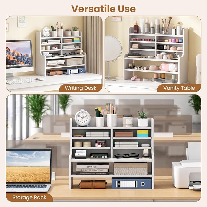 ERGOMASTER Desk Organizer, File Organizer with Multi Tier Storage Cubby Bookshelf, Desktop Organizer for Office Study Dorm Workspace Table Top Storage Rack, White, 19.5” x 6.5” x 16.5”