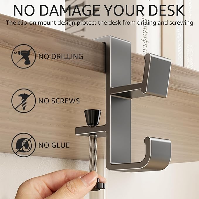 Desk Bag Hook, Purse Hook for Table, Aluminum Under Desk Handbag Hanger, Desk Mount Backpack Holder, Umbrellas, Headphone Holder, Back to School Essentials - White