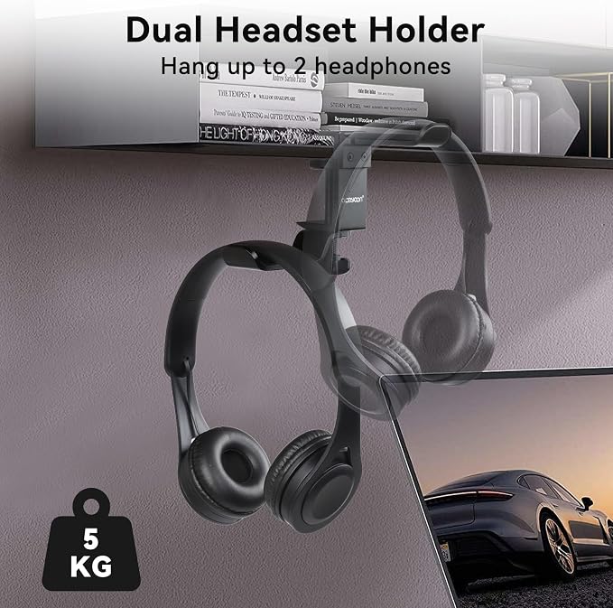 aceyoon Under Desk Headphone Hanger, 360 Degree Swivel Dual Stand, Aluminum Alloy Headset Stand for Desk,Headphone Hook for Gaming Headset,Bag, Black