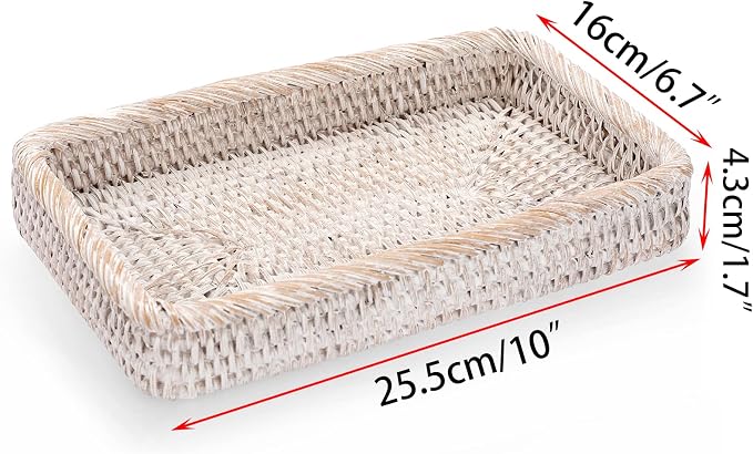 Sumnacon 10 Inch Rattan Bathroom Vanity Tray - Decorative Wicker Toilet Tank Tray for Paper Hand Towel, Vintage Storage Basket Bin for Bathroom Kitchen Toilet Tank Vanity Countertop Table Shelf White