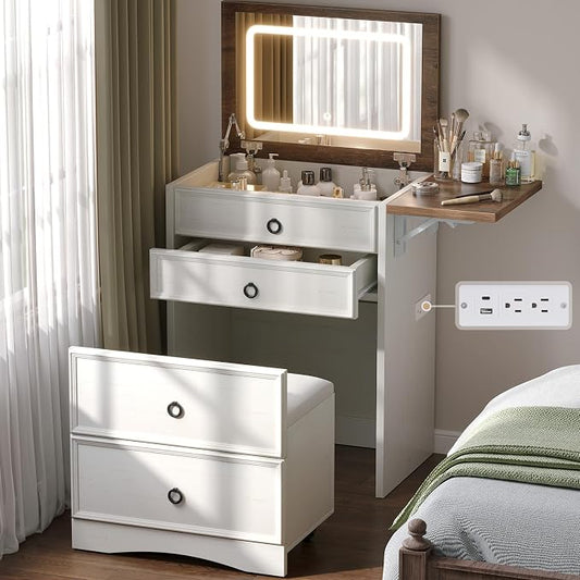LUXOAK 3-in-1 Small Vanity Desk with Mirror and Lights, Compact Hidden Vanity Set with Stool & Charging Station, Makeup Table for Girls Bedroom and Dressing Room, Rustic White