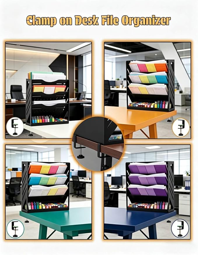 Yuxh 13 Inch 4 Tier Clamp on Desk Shelf Metal File Mail Bill Organizer | Drill-free mounting holder for workspace storage, stable metal rack for office paperwork organization