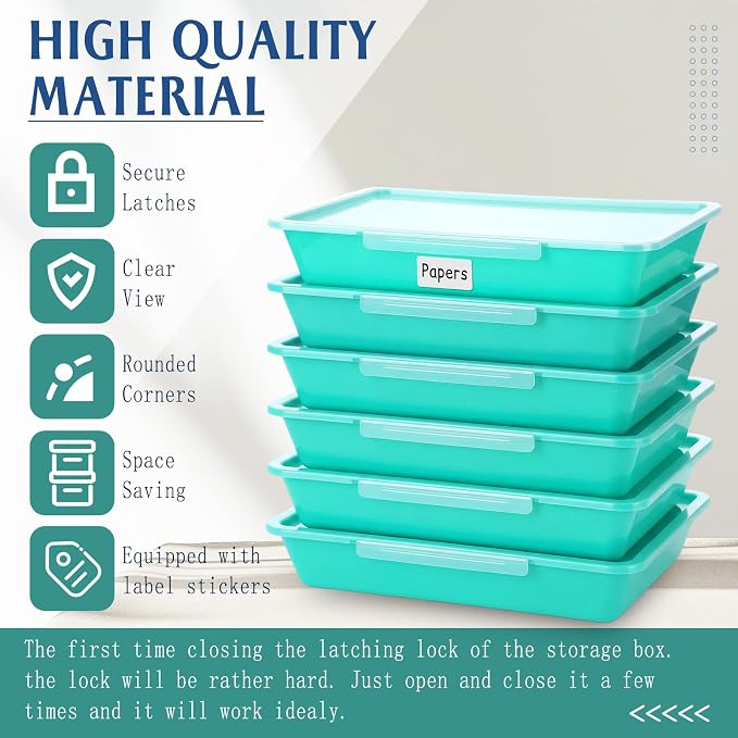 Tinlade 12 Pcs Classroom Paper Storage Bins with Clear Latching Lid, Label Stackable Letter Size Flat Tray Container for Teacher Back to School Supplies Home Office Desk Arts Crafts (Teal,13x10in)