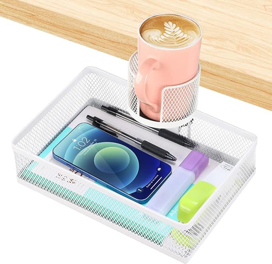 ROSYLINE 360°rotation under desk drawer, Drawer Under Desk Storage Organizer, Rotary Desk Storage Organizer with Cup Holder, Under Desk Storage, Clamp Drawer Basket, sturdy and durable (White)