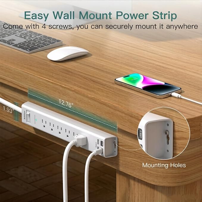 Addtam 10ft Power Strip Surge Protector, 6 Outlets and 4 USB Ports (2 USB C), 10 ft Long Extension Cord with Ultra Flat Plug, Wall Mount Desktop Charging Station for Home Office Dorm Room Essentials