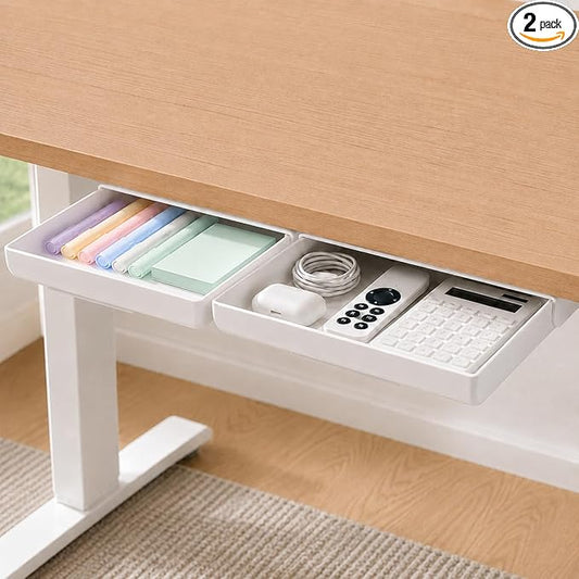 YOOUSOO Under Desk Drawer Organizer, 2 Pack Self Adhesive Slide Out Desk Storage Drawers, Hidden Desk Drawer Attachment for Pens, Notes, Earbuds, Cables and Small Office Accessories, White