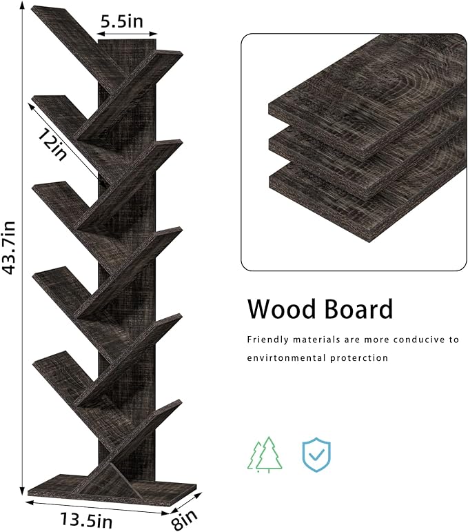 SHEEPAM 10 Tier Tree Book Shelf, Floor Standing Wood Bookshelf for Narrow Space, Storage Organizer Bookshelves for Books/CDs/Magazine, Bookcase with Shelves for Home Office, Living Room - Dark Grey
