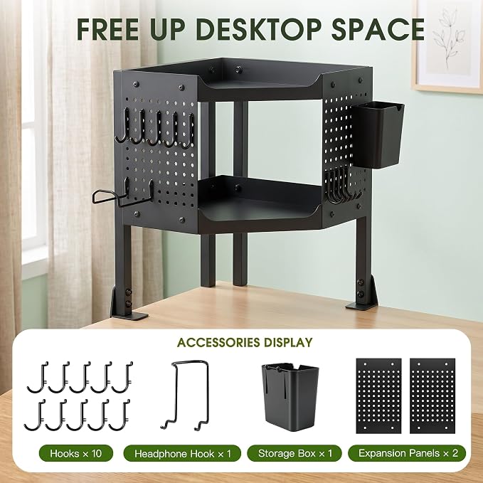2-Tier Metal Clamp On Desk Shelf, Heavy Duty Desk Storage Organizer with 2 Removable Pegboards and Headphone Holder,Corner Desk Shelf with Pencil Cup and Hooks for Desk Accessories (Black)