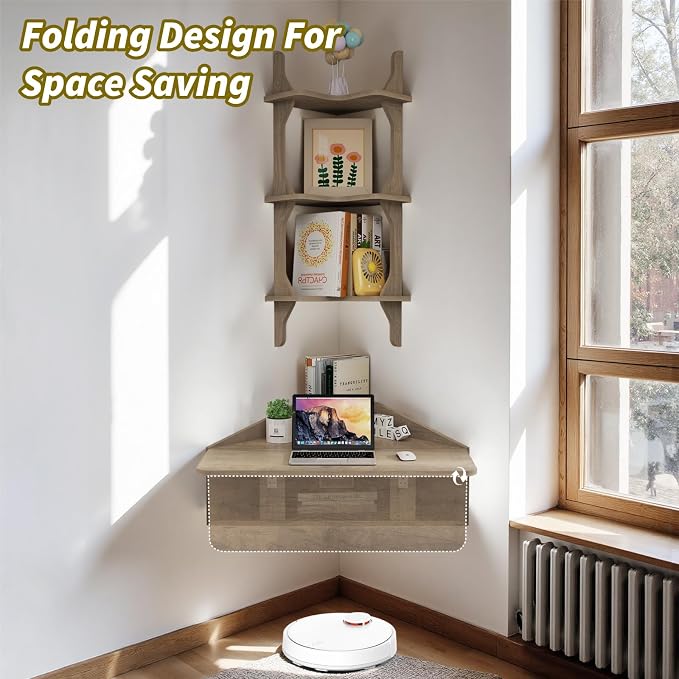 Pmnianhua Floating Corner Desk,Wall Mounted Table with Shelves,Folding Corner Shelf,Wall Corner Shelf for Small Space Computer(Rustic Grey)