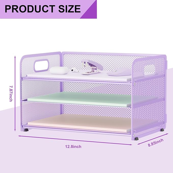 3 Tier Paper Letter Tray Organizer for Desk, Mesh File Folder Document Organizer with Handle for Home Office Supplies Desktop Accessories, Purple