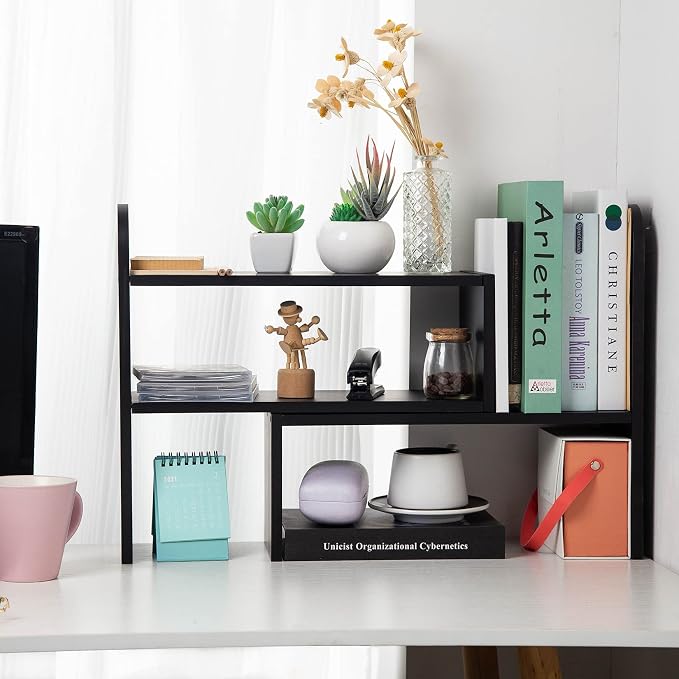 Desktop Adjustable Natural Wood Book Shelf Organizer Office Storage Rack Display Stand Caddy Set Expandable Desk Organizer (Black)