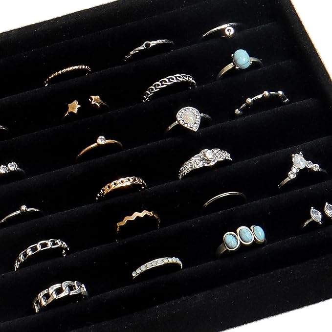 SPAKOWN Ring Box Display Holder, Clear Velvet Jewelry Storage Tray Organizer for Ring Stud Earring (Black, 5 Drawers)