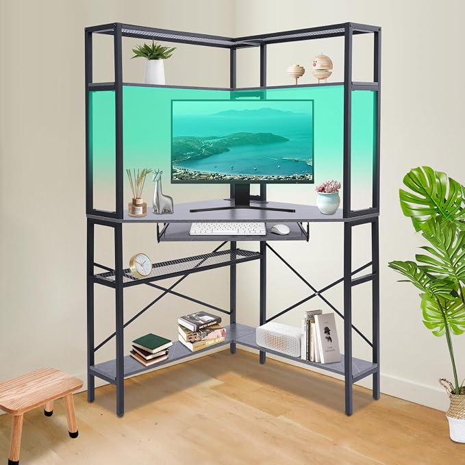 Corner Desk with Hutch, 90 Degrees Triangle Computer Desk w/Keyboard Tray & Bookshelves for Small Space Space Saving Writing Desk w/Storage Shelves for Bedroom Apartment (Gray)