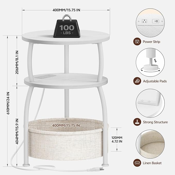 Round End Table with Charging Station, USB Ports, 15.75in Small Side Table with Storage Basket, Coffee Table Sofa Side Table for Small Spaces, Nightstand for Living Room Bedroom Matte White