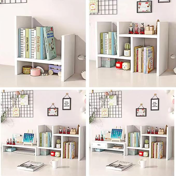 Desktop Shelf Organizer, Adjustable Wood Office Storage Rack, Counter Display Small Bookshelf for Home/Office/School(White)