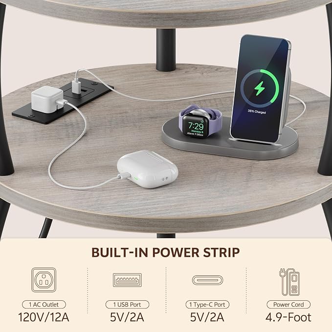 Round Side Table with Power Outlets and Type-C Port, USB Port Small Coffee Table with Basket, Space Saving End Table 3-Tier Bedside Corner Table Stand for Living Room, Bedroom, Garden 15.75in