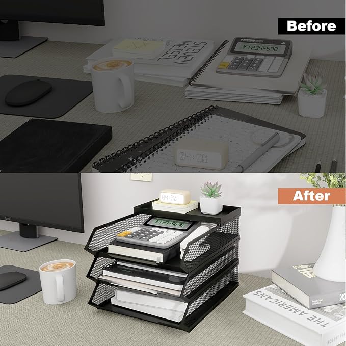 Natwind 3 Tier Stackable Paper Trays for A4 File,Desktop File Organizers for Office Supplies,Metal Mesh Desk Organizer,Mail Sorter Paper Tray with Top Tray,Letter Trays for Home,Office,School,Black