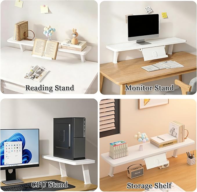 23.6x7.8 in Clamp on Desk Shelf, Adjustable Floating Desks Shelf with Reading Stand Space Saving Desktop Extender Storage Organizer for Office, Dorm, Home Desk Organization, White
