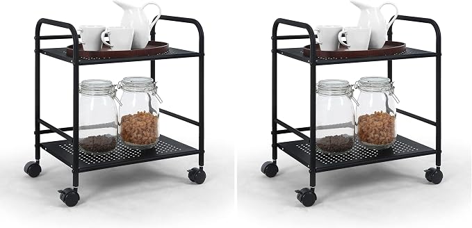 SunnyPoint 2-Tier Metal Rolling Utility Cart – Mobile Storage Shelf with Caster Wheels – Small Space Organizer for Home, Office, Bedroom, Kitchen (BLK) (Pack of 2)