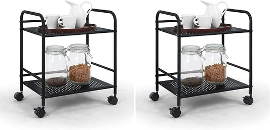 SunnyPoint 2-Tier Metal Rolling Utility Cart – Mobile Storage Shelf with Caster Wheels – Small Space Organizer for Home, Office, Bedroom, Kitchen (BLK) (Pack of 2)