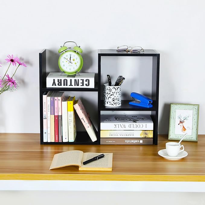 TQVAI 2-Tier Desktop Bookshelf, Freestanding Multipurpose Wood Desk Top Organizer for Books, Office Supplies, Plants, Photo Frames, Small Open Storage Shelves for Office Home Dorm, Black