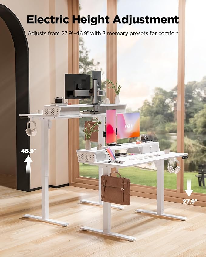 FiCiHi 40x24 Inch Standing Desk with Drawers, C-Clamp Mount Compatible, Electric Adjustable Height Computer Small Stand Up Desks, Home Office Sit Stand Table with 3 Preset Heights, White