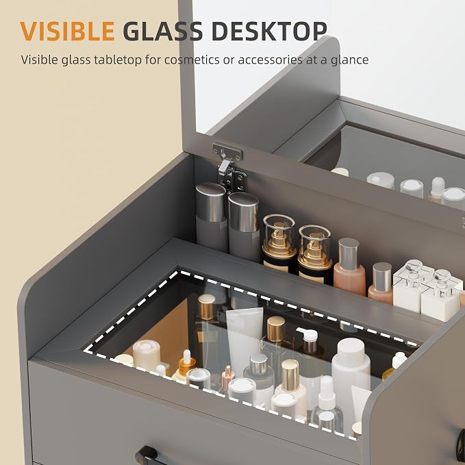 Gurexl 3 in 1 Vanity Desk with Flip Top Mirror,Small Compact Vanity with Visible Glass Desktop,Makeup Vanity Set with 3 Drawers,Cushioned Stool,Dressing Table for Bedroom,Grey