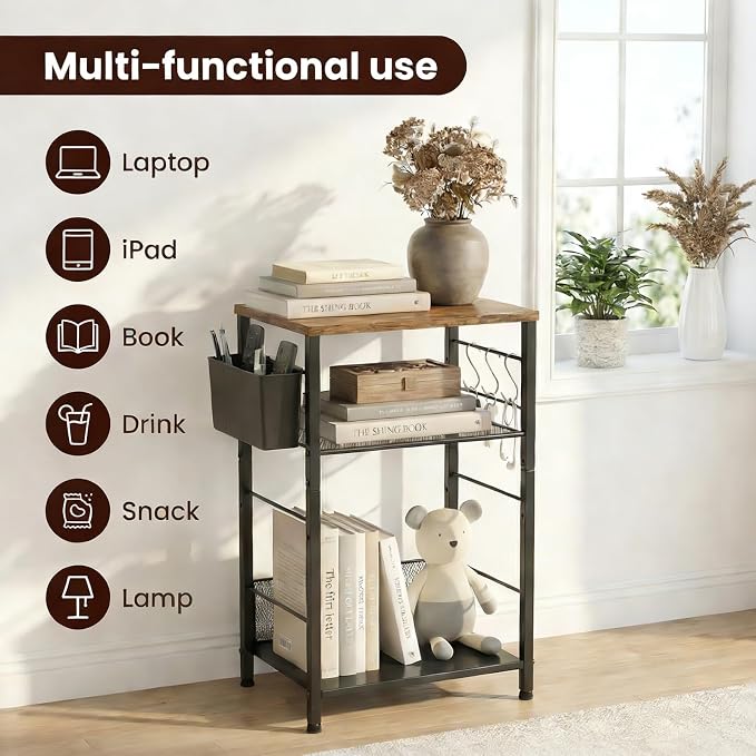 ECOLOVI 3 Tier Printer Stand for Under Desk, Height Adjustable Shelf Small Printer Table with 3 S-Hooks & Basket, Heavy Duty Industrial Storage Shelf for Home Office (Rustic Brown)