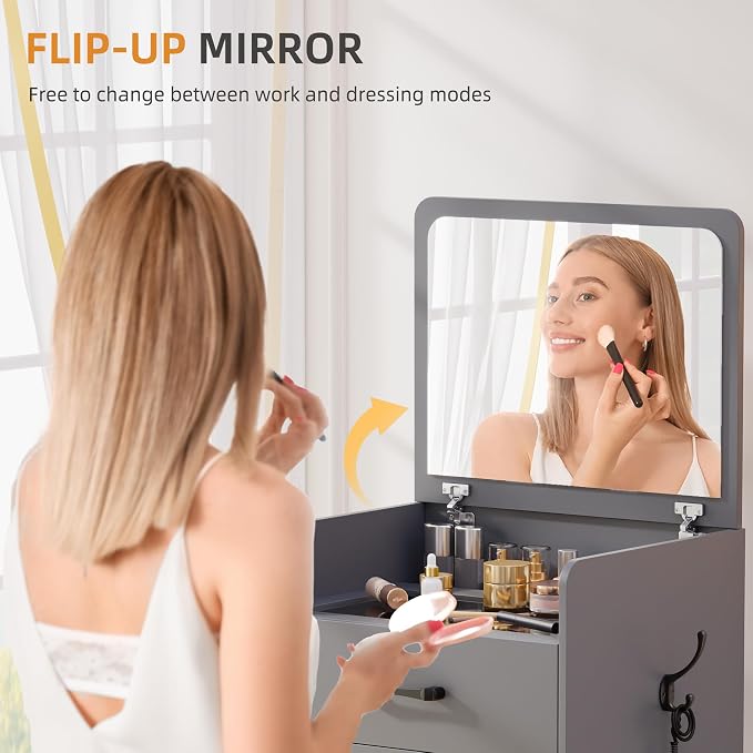 Gurexl 3 in 1 Vanity Desk with Flip Top Mirror,Small Compact Vanity with Visible Glass Desktop,Makeup Vanity Set with 3 Drawers,Cushioned Stool,Dressing Table for Bedroom,Grey