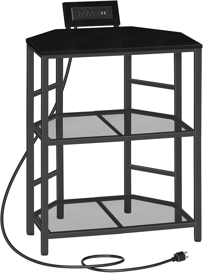 MAHANCRIS Corner Printer Stand with Charging Station, 3-Tier Large Printer Table with Adjustable Feet, Metal Frame Storage Shelf for Office, Living Room, Small Space, Black PTBK14E01