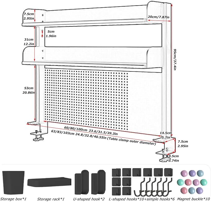 Clamp On Desk Organizer Shelf, BLACK Desk Extender Pegboard Workstation,Computer Desk Accessories for Office, Privacy Panel for Gaming Desk,23.6/31.4/39.3in Desktop Shelving System (, 80cm/31.4in)