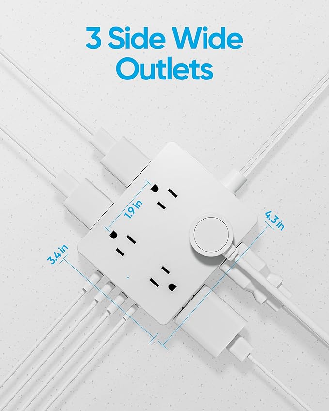 Olcorife Flat Plug Power Strip with 5 FT Extension Cord, 8 Outlets 4 USB Ports(1 USB C), 3 Sided Outlet Extender for Home Office Travel Dorm Room Essentials, White