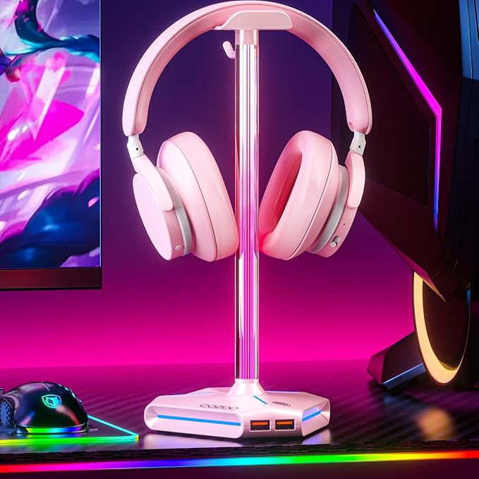 Pink RGB Headphone Stand with 2 USB Ports & Extension Cord, Gaming Headset Stand for Desktop Table, PC Gaming Accessories, Gifts for Girlfriend,Teen Boys Girls,Gaming Setup Organizer