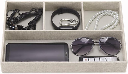 Desktop PU Leather Storage Rack, Proxy Parking tray, Dressing table Desktop Organizer, with 4 Compartments for Placing Mobile Phones, Remote controls, Cosmetics, Watches, and other Decorative trays.