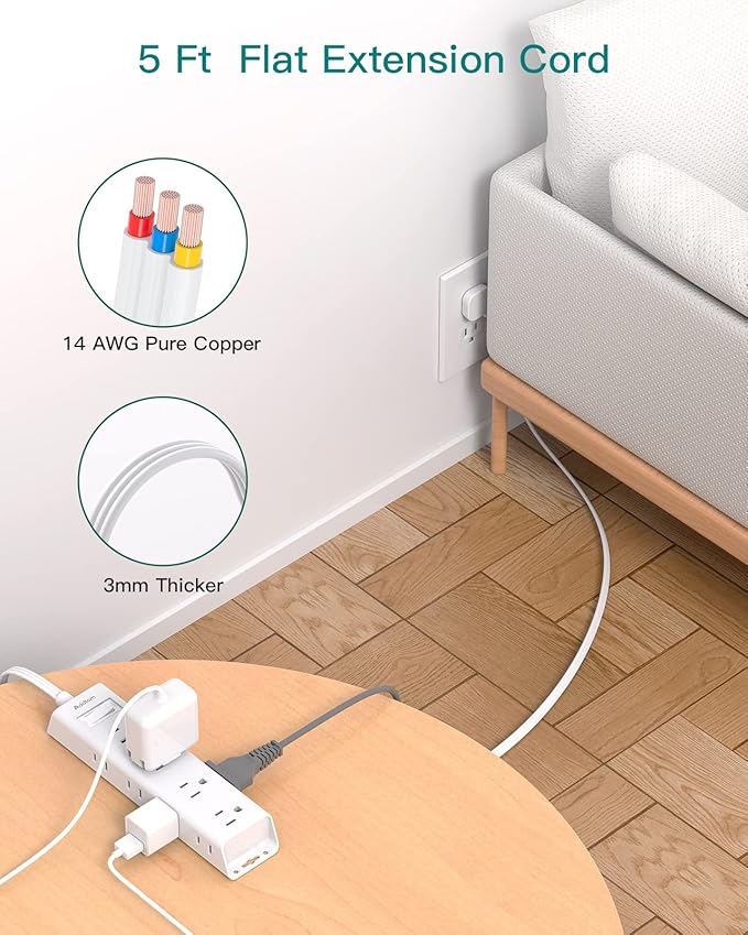 Flat Plug Power Strip, Ultra Thin Flat Extension Cord - Addtam 12 Outlet 3 Sides Multiple Outlets, 5Ft, 1050J Surge Protector, Wall Mount, Desk Charging Station for Home Office Dorm Room Essentials