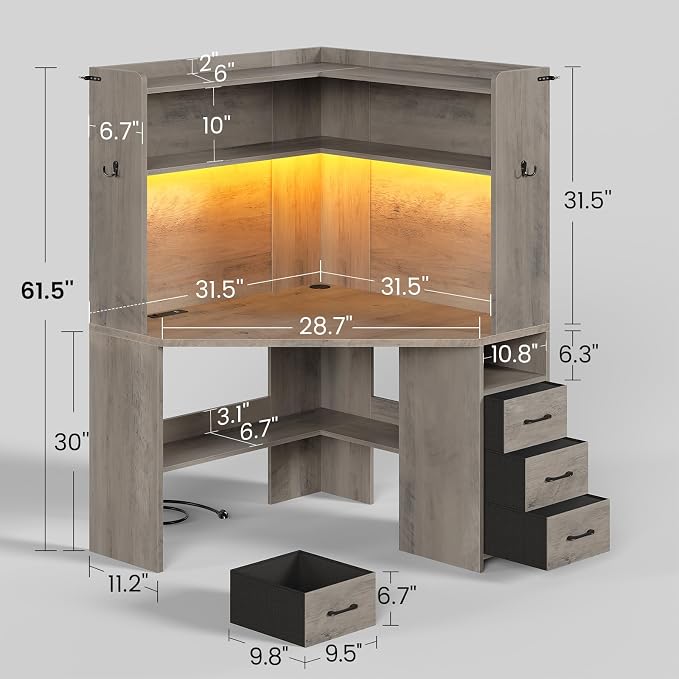 SEDETA 31.5" Small Corner Desk, Farmhouse Corner Desk with Hutch & 3 Drawers, Corner Desk for Small Space, Small Corner Computer Desk with Storage Shelves & LED Lights for Home Office, Grey
