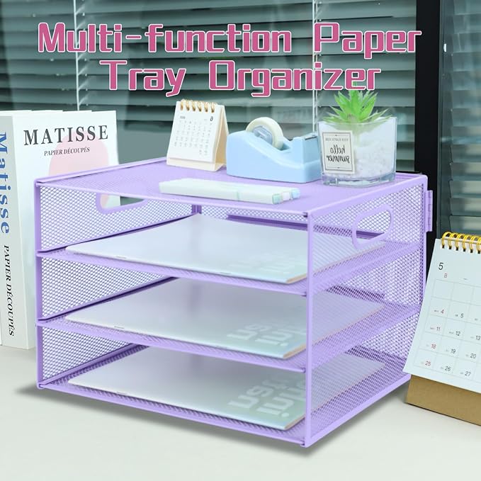 3 Tier Lettrer Tray Organizer, Metal Mesh Desk File Organizer with Sliding Trays, Paper Sorter Desk Organizer for Home Office School, Purple