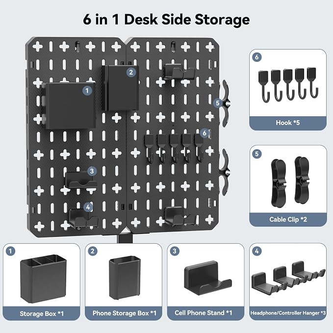 KDD 7 in 1 Clamp-on Desk Pegboard - No Drill Desk Side Storage with Phone Stand/Pen Holder/Storage Box/Headset & Controller Holder/Hooks, Detachable Gaming Pegboard for Office & Home Desktop Organizer