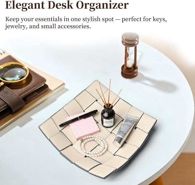 MSJGA Valet Tray PU Leather Key Holder Bowl for Women and Men Entryway Table Nightstand Desk Tray for Wallet, Keys Men's Gift - Beige & Gray, 9.8" L x 9.8" W x 2" H