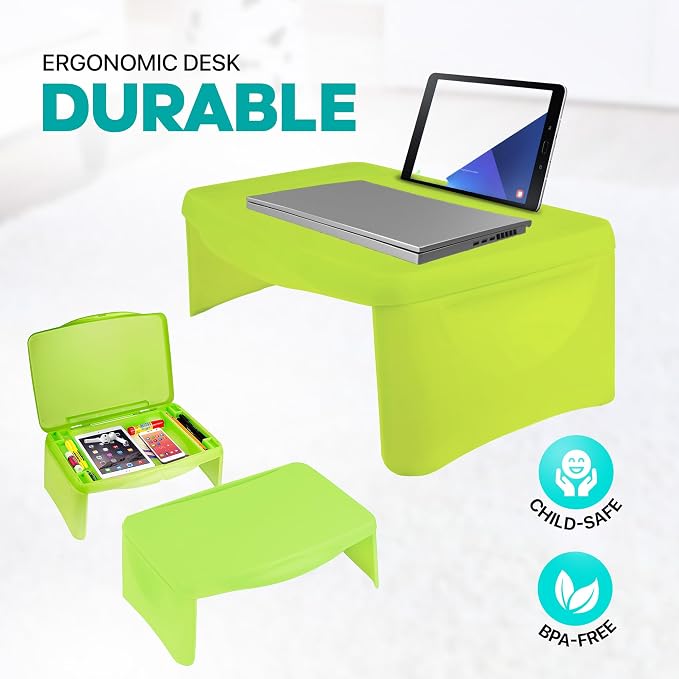 MAVOCRAFT Foldable Kids Lap Tray with Storage - Portable Lap Desk Kids & Adults - Kids Lap Desk for Breakfast in Bed, Serving Tray, Car Desk & Gaming (Green)