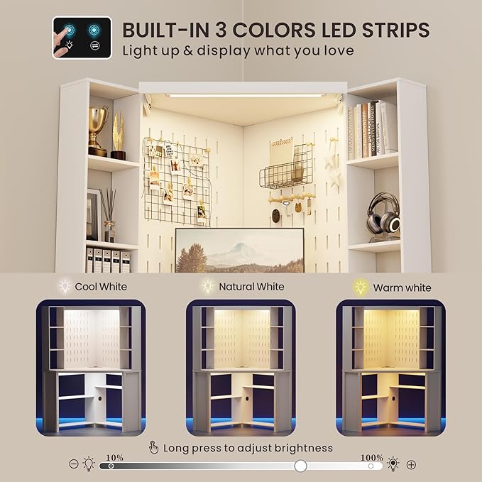 Corner Desk with - LED Reading Light, L-Shaped Computer Desk w/Hutch & Shelves, Home Office Desk w/Charging Station for Work & Study, File Cabinet Storage Bookshelf for Small Space (White)