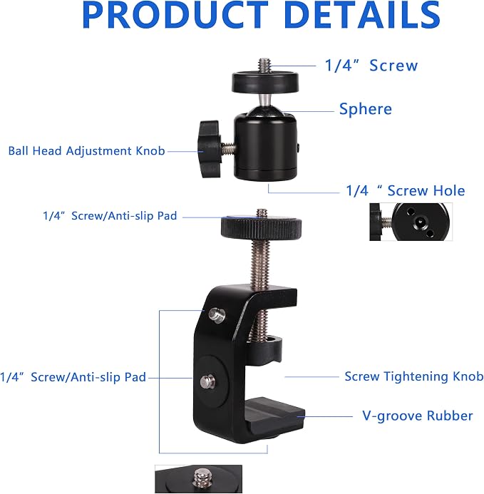 C Clamp Camera Clamp Mount with 1/4" Screw for Photo Studio Video DSLR,Cameras, Light Stand, Desk, Rods, Hooks, Shelves, Cross Bars