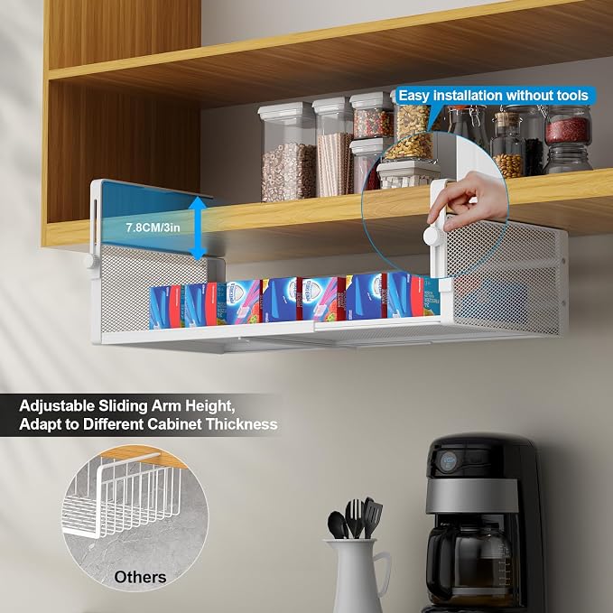 AmonHouseware 2Pack Under Shelf Basket, Adjustable Hanging Under Cabinet Shelf Storage, Hanging Holder Length Stretchable 14.9-22.6Inch for Kitchen Pantry Desk Counter Bookshelf Cupboard (White)