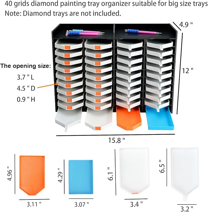 Krafetto 40 Grids Diamond Painting Tray Organizer Holder Drill Pen & Multi-Boat Tray Storage Rack Art Diamond Painting Accessories Kits, for Big Size Trays, Black