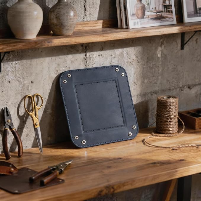 Valet Tray Desktop Storage Organizer – Vegan Leather Catchall Tray Bedside Vanity Tray Nightstand Caddy Holder for Remote Controller, Watch, Keys, Phone, Wallet, Coin, Jewelry, Navy