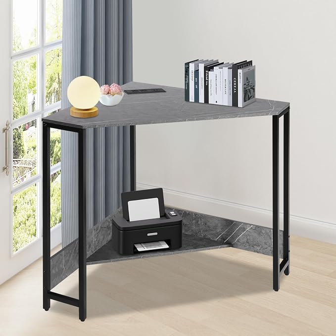 Corner Desk with Outlets and USB Ports, 26.77x26.77x29.53in Triangle Desk with Storage for Home Office, Workstation, Living Room, Bedroom, Small Space (Grey)