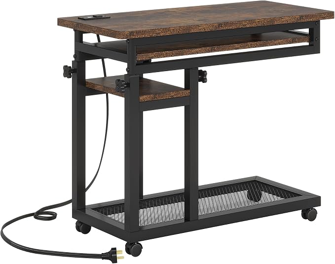 Oigavfd Mobile C-Shaped Adjustable Height End Table, with USB Ports and Outlets Desk, Portable Side Tables with Slide-Out Keyboard Tray, for Home Office, Dorm, Living Room (Gray)