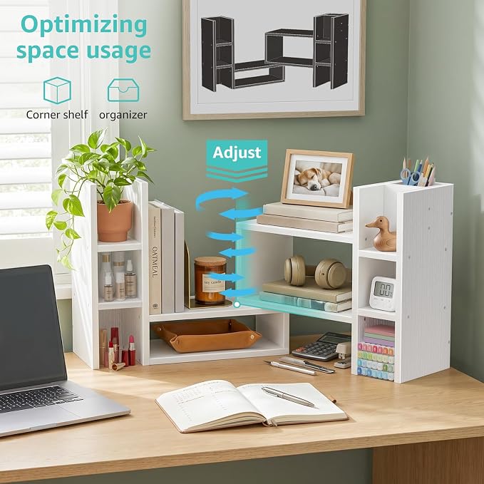 NUTIKAS White Desktop Bookshelf Adjustable Desk Organizer Shelf - Corner Wood Tabletop Storage Display Rack with 6 Cubbies and Pen Holder, Small Hutch for Office Supplies & Dorm Room Decorations